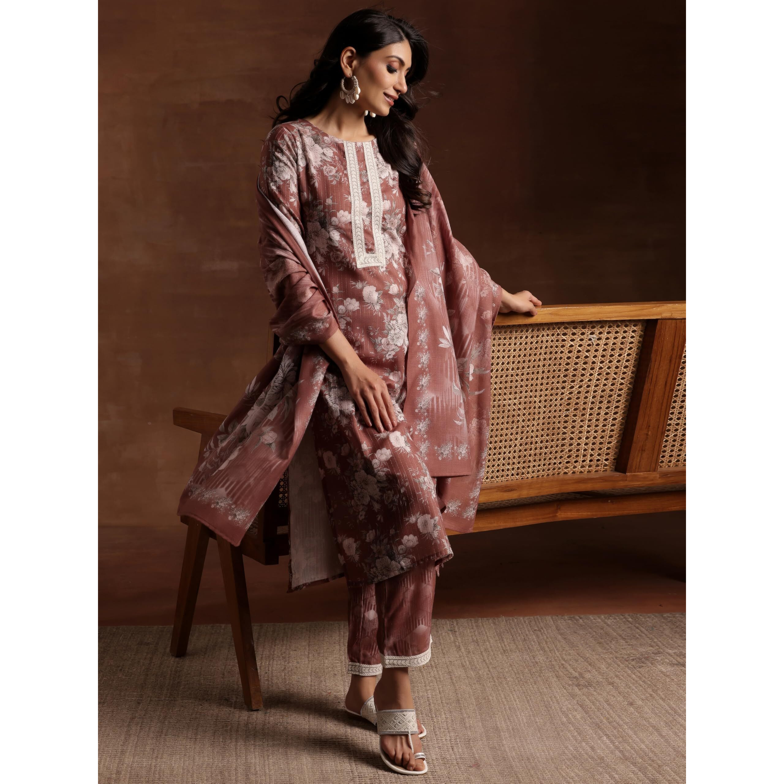 Libas Womens Printed Cotton Straight Kurta With Palazzos And Dupatta