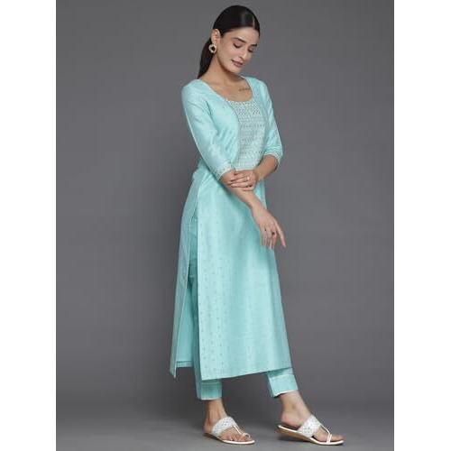 Libas Womens Woven Design Silk Blend Straight Kurta With Trousers And Dupatta