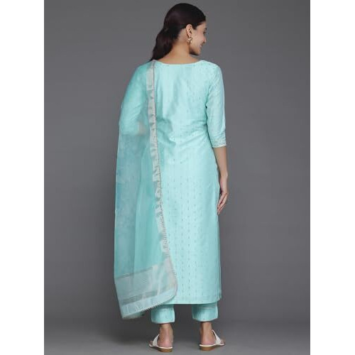 Libas Womens Woven Design Silk Blend Straight Kurta With Trousers And Dupatta