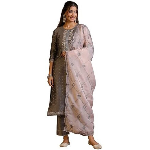 Libas Womens Woven Design Silk Blend Straight Kurta With Trousers And Dupatta