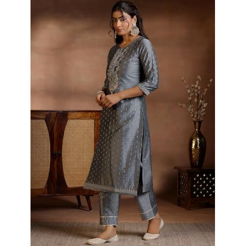 Libas Womens Woven Design Silk Blend Straight Kurta With Trousers And Dupatta