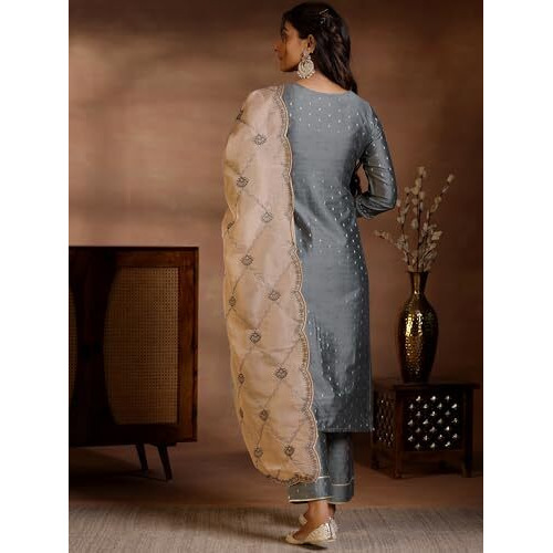 Libas Womens Woven Design Silk Blend Straight Kurta With Trousers And Dupatta