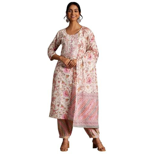 Libas Womens Printed Cotton Straight Kurta With Salwar And Dupatta