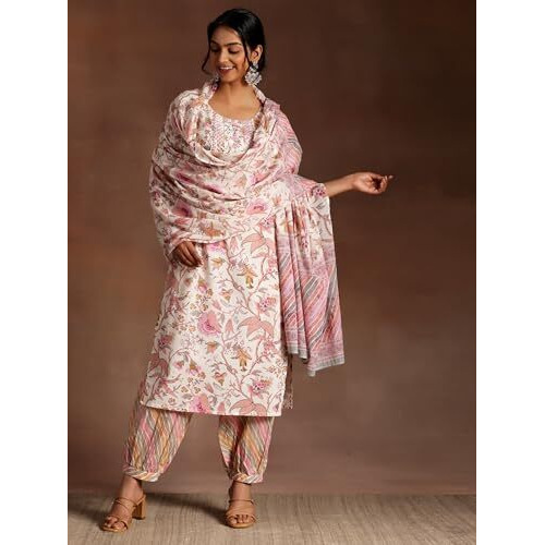 Libas Womens Printed Cotton Straight Kurta With Salwar And Dupatta