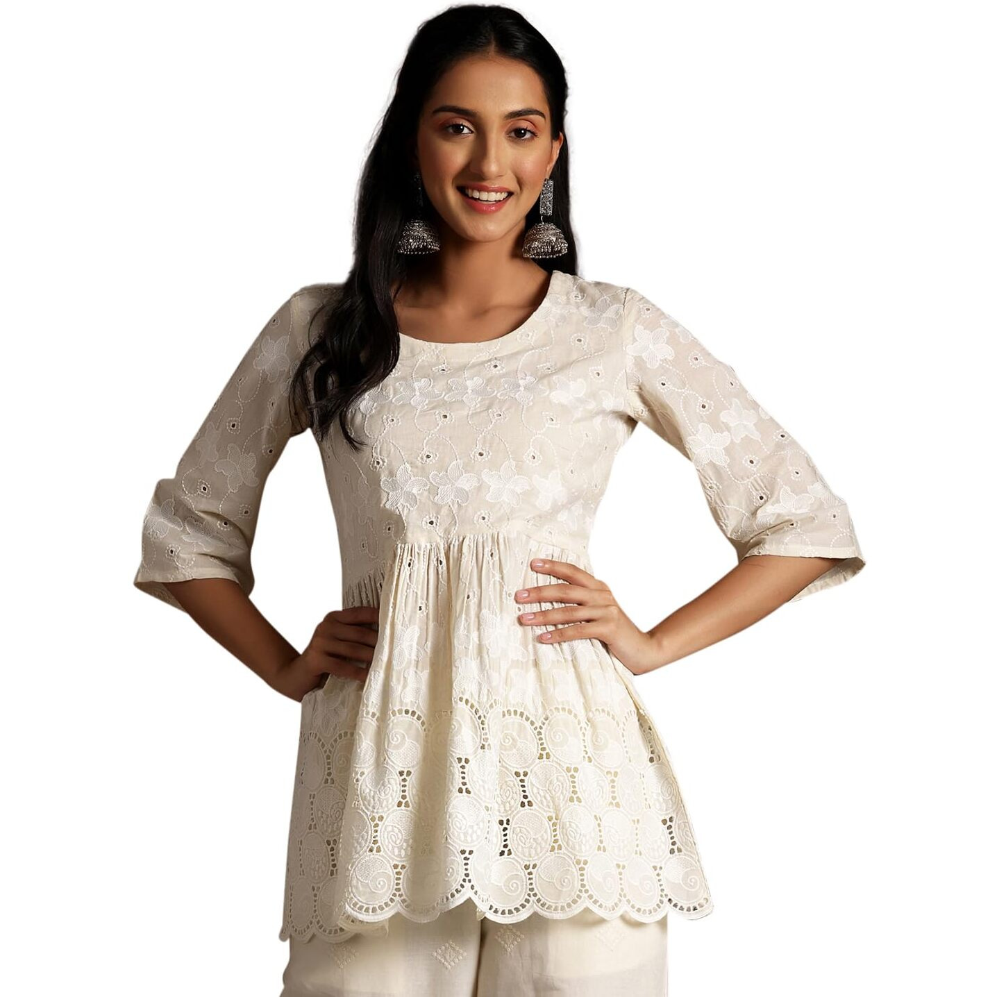 Libas Women's Cotton Embroidered Regular Kurti (26836_Off White_Xl)