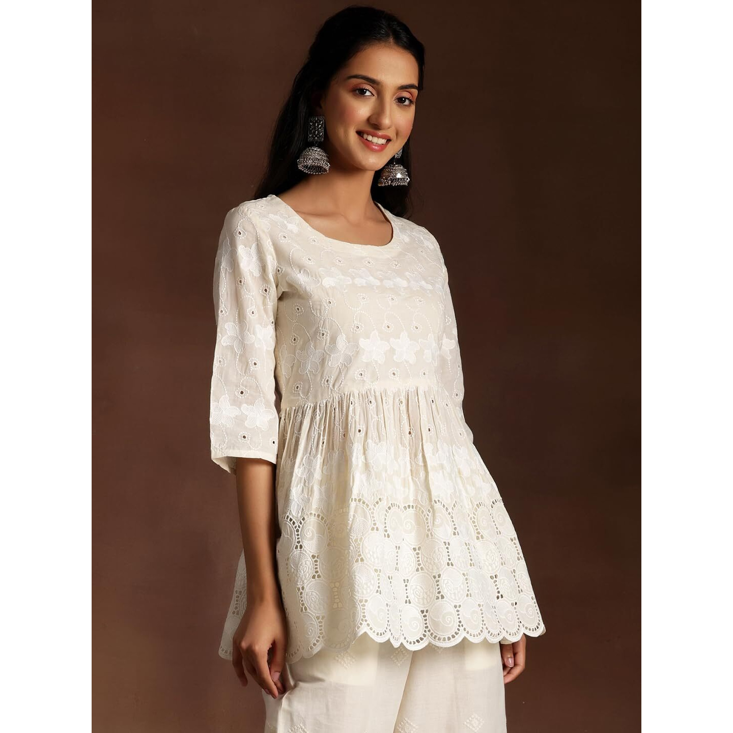 Libas Women's Cotton Embroidered Regular Kurti (26836_Off White_Xl)