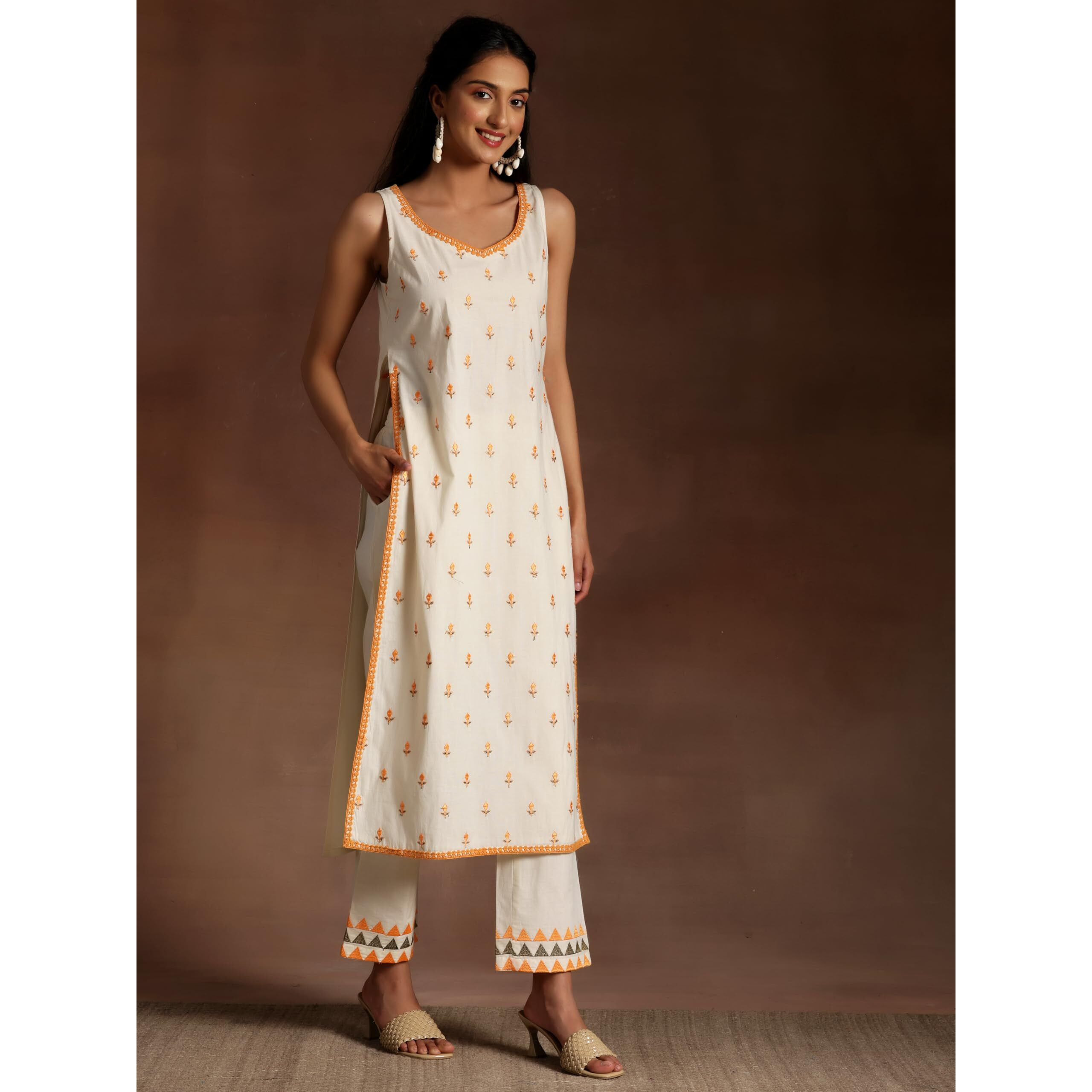 Libas Womens Embroidered Cotton Straight Kurta With Palazzos And Dupatta