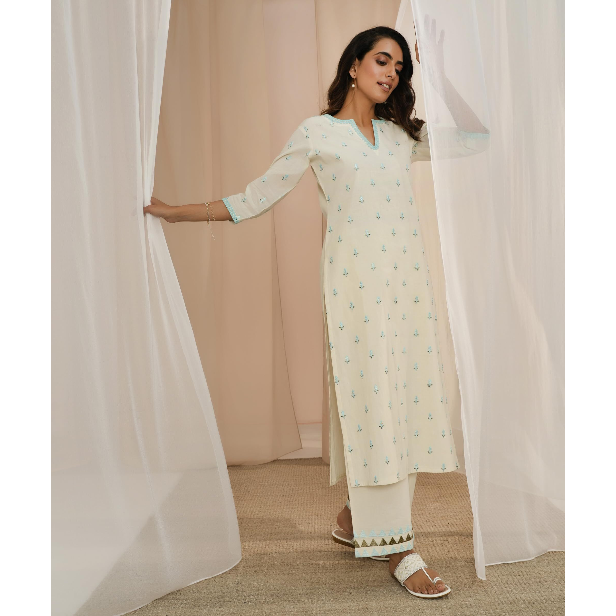 Libas Women's Cotton Kurta Sets (35225_Off White_L)