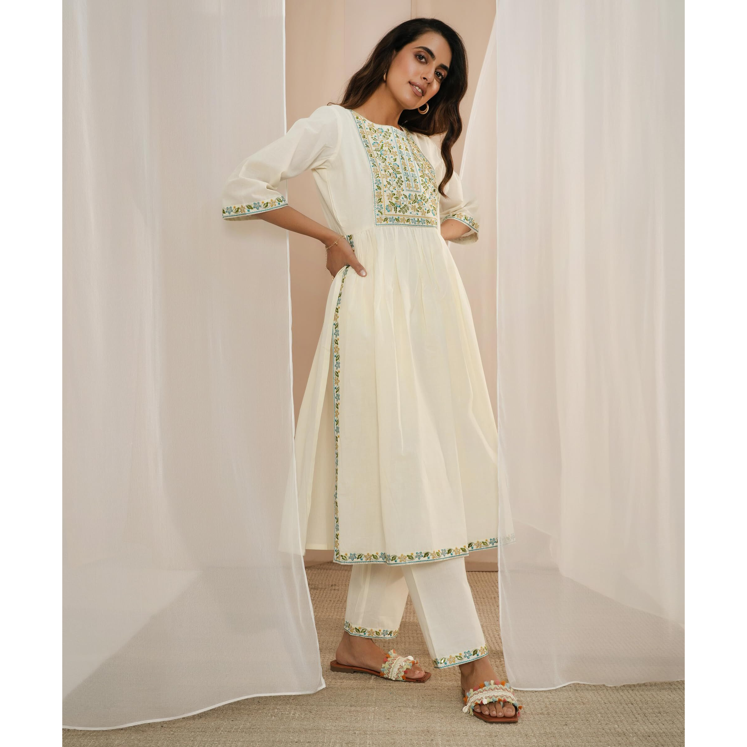 Libas Women's Cotton Kurta Sets (35222_Off White_L)
