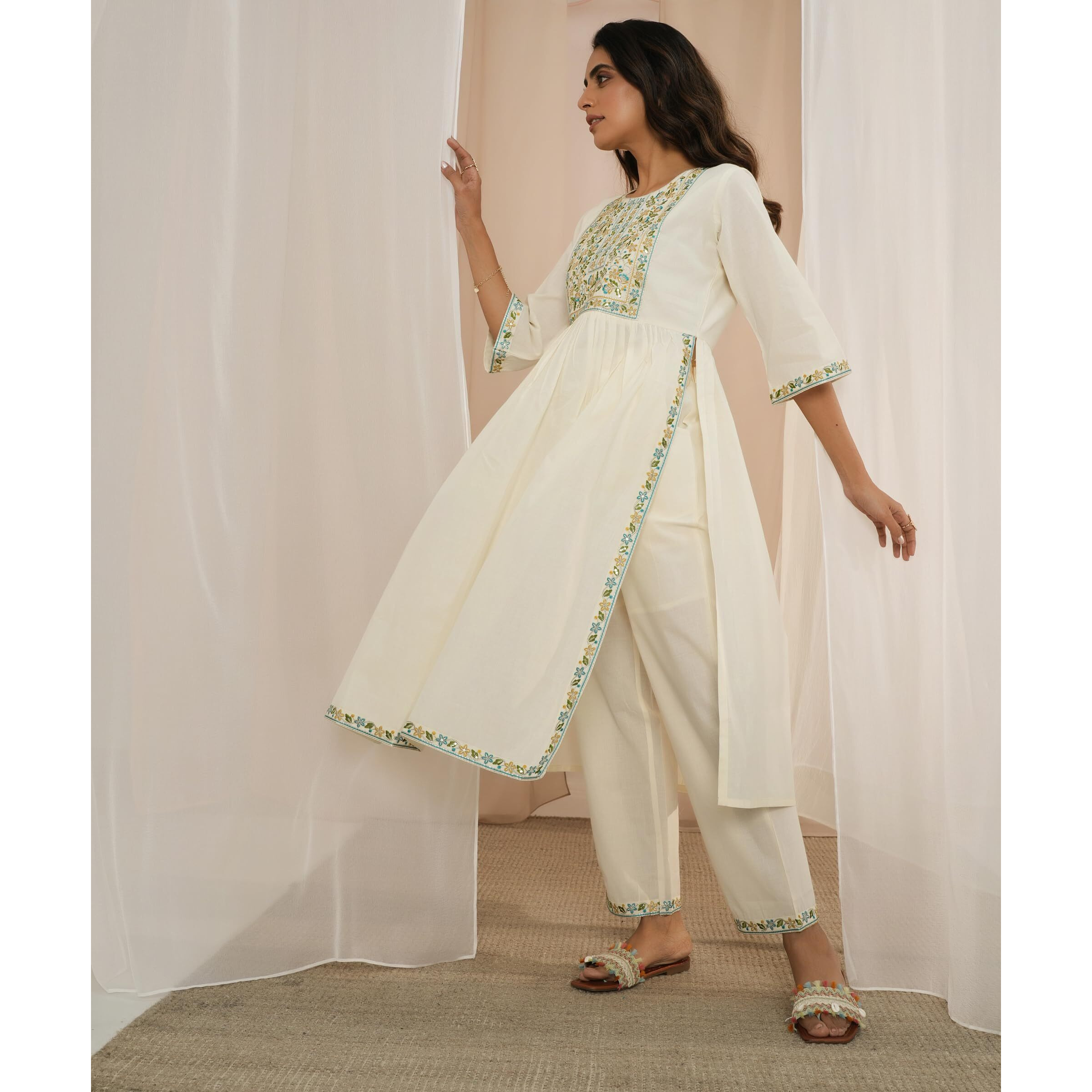 Libas Women's Cotton Kurta Sets (35222_Off White_L)