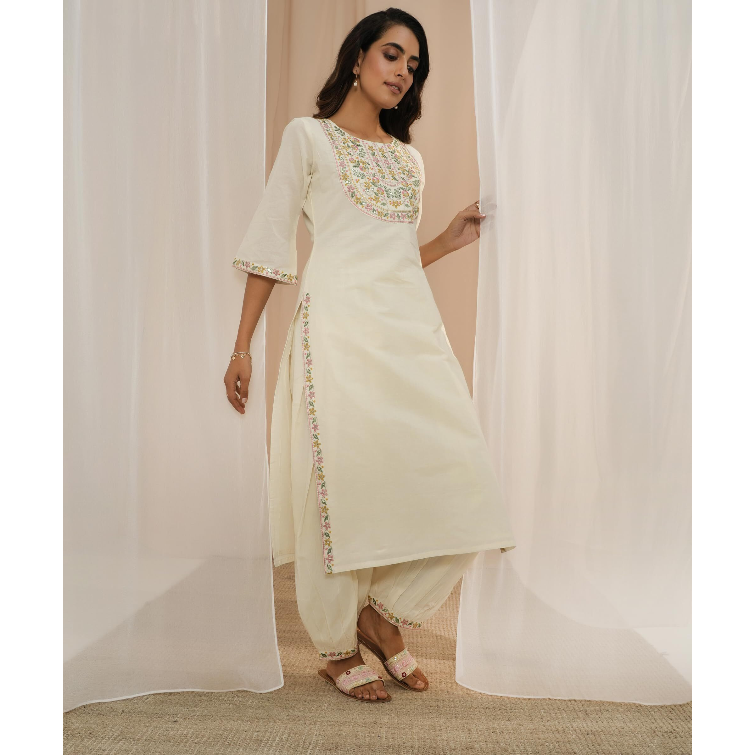 Libas Women's Cotton Kurta Sets (35218_Off White_M)