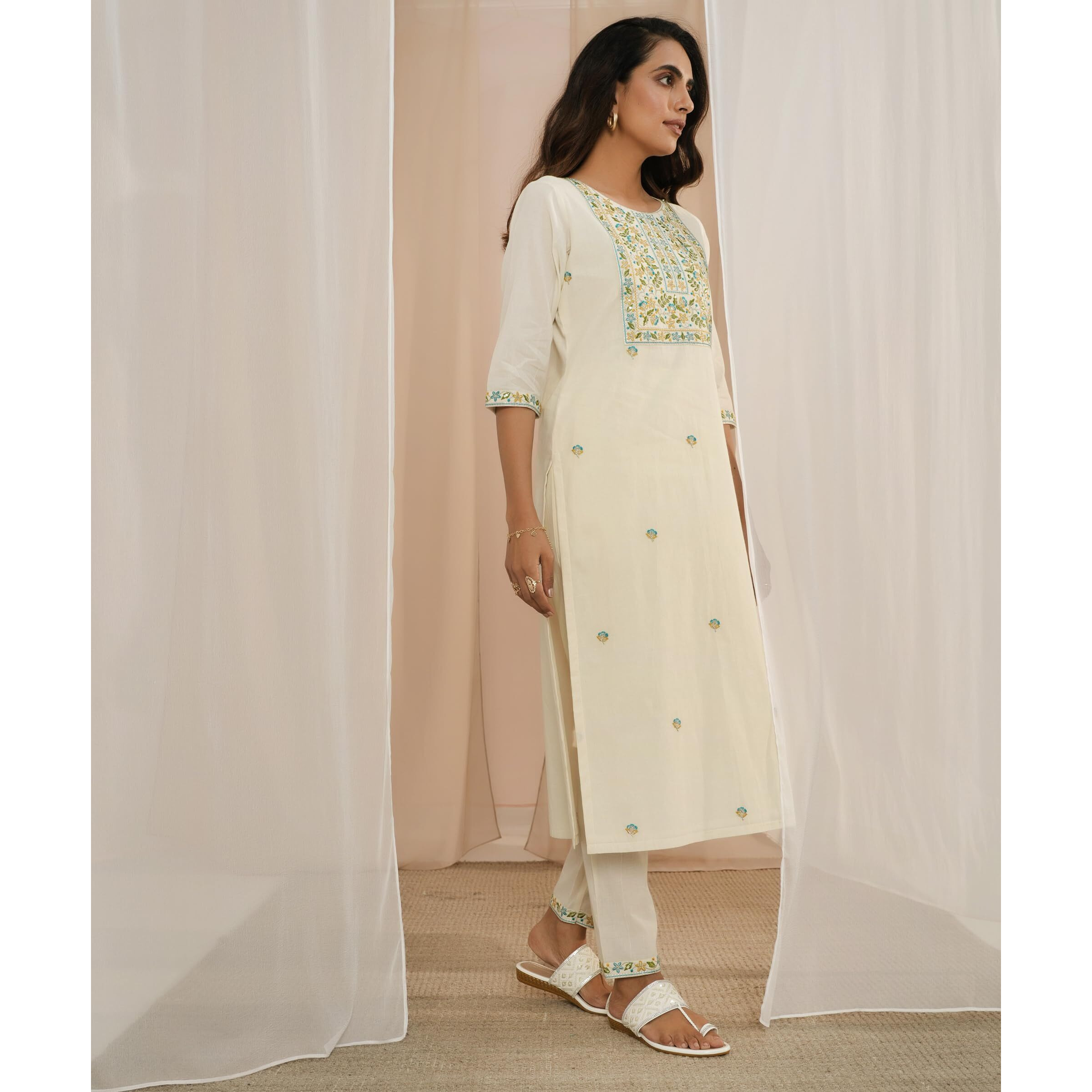Libas Women's Cotton Yoke Design Kurta Sets (35220_Off White_S)
