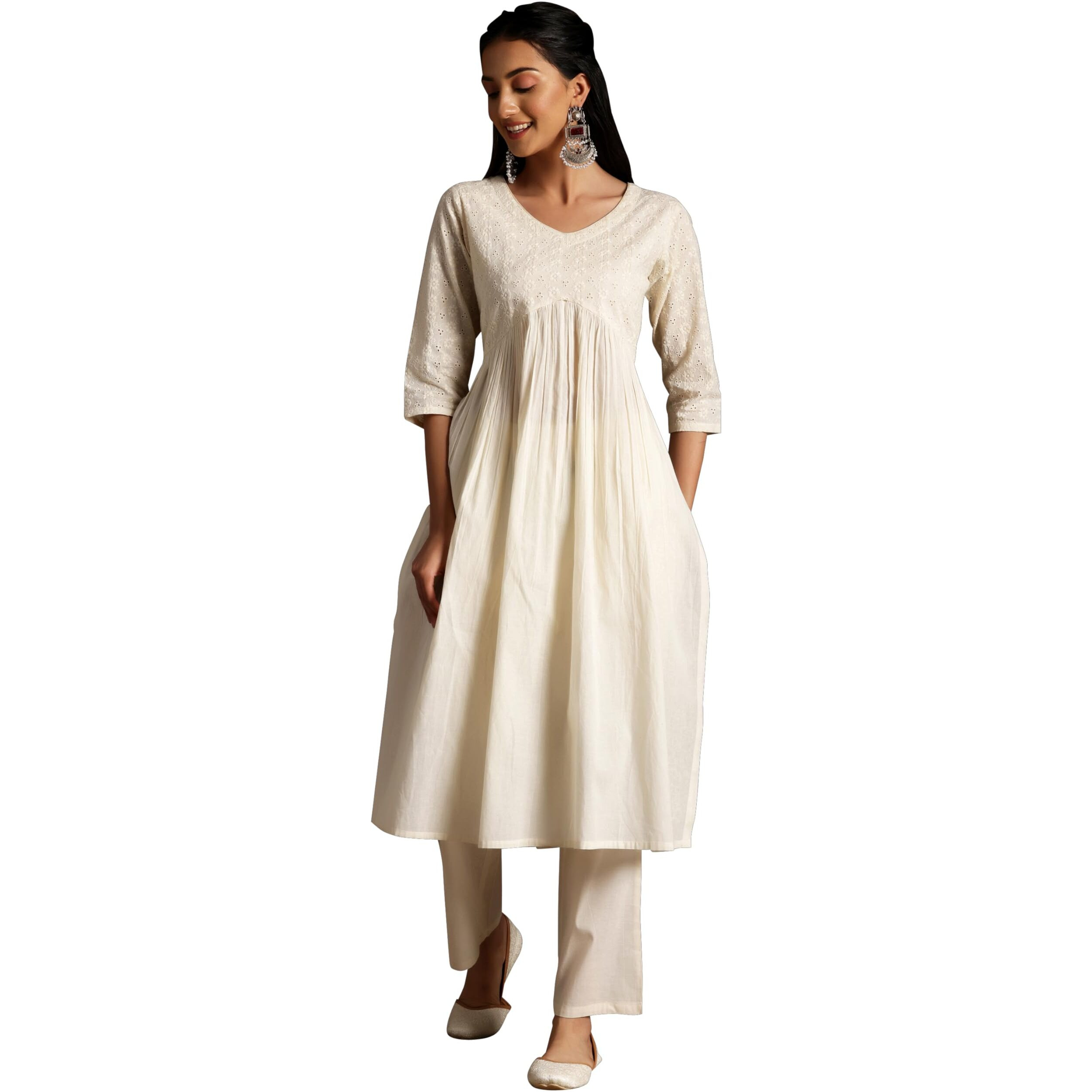 Libas Women's Cotton Embroidered Regular Fit Kurta Set (35214_Off White