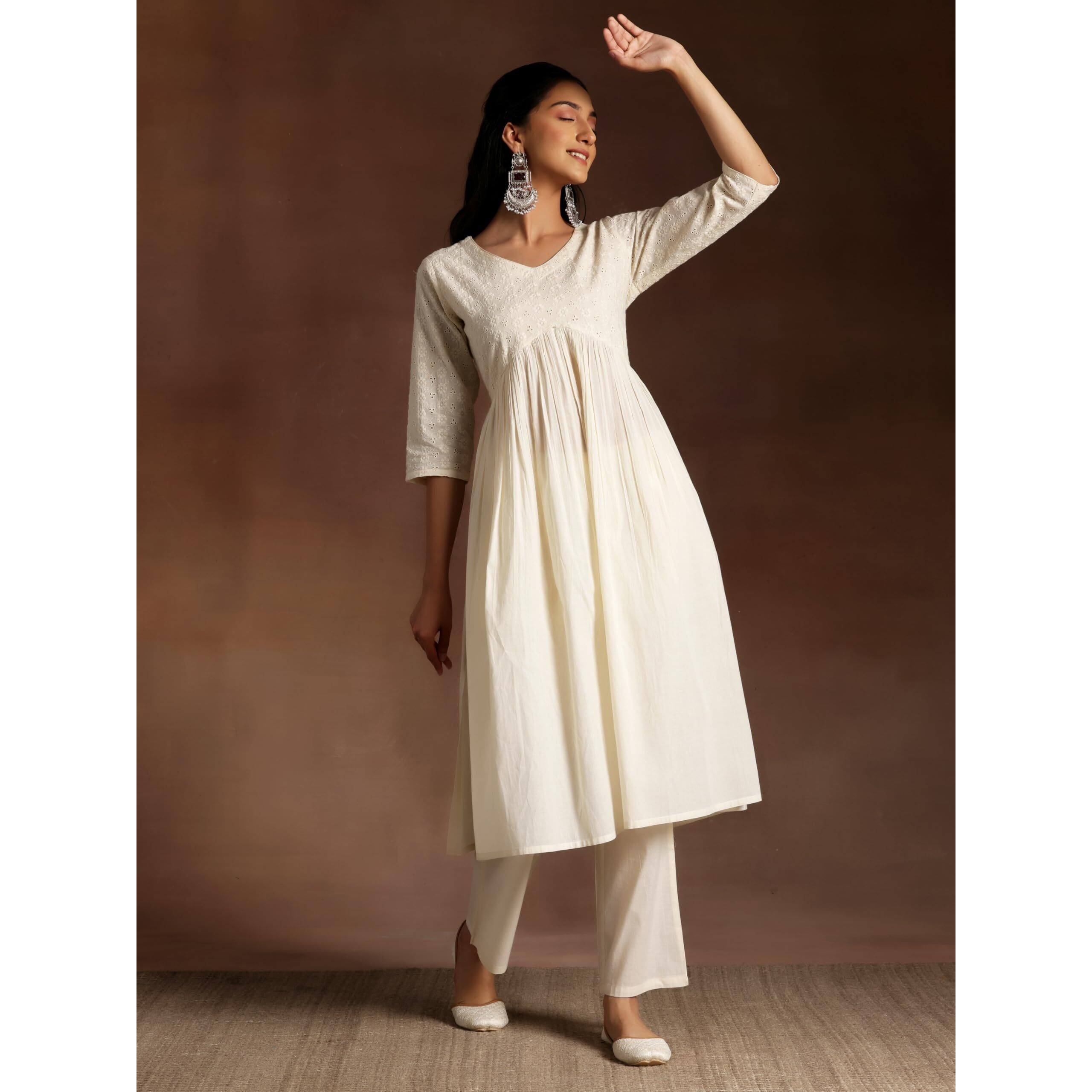 Libas Women's Cotton Embroidered Regular Fit Kurta Set (35214_Off White