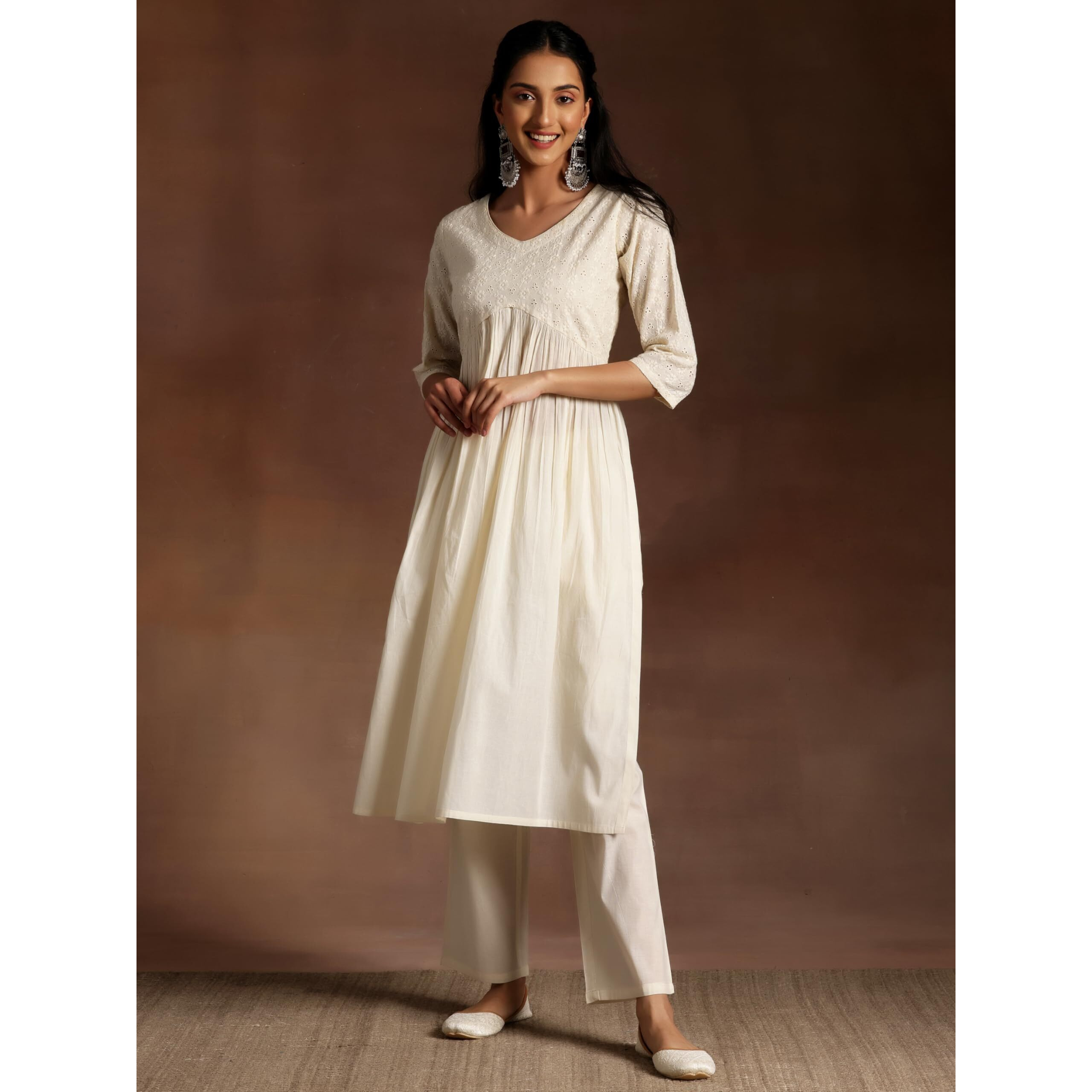 Libas Women's Cotton Embroidered Regular Fit Kurta Set (35214_Off White