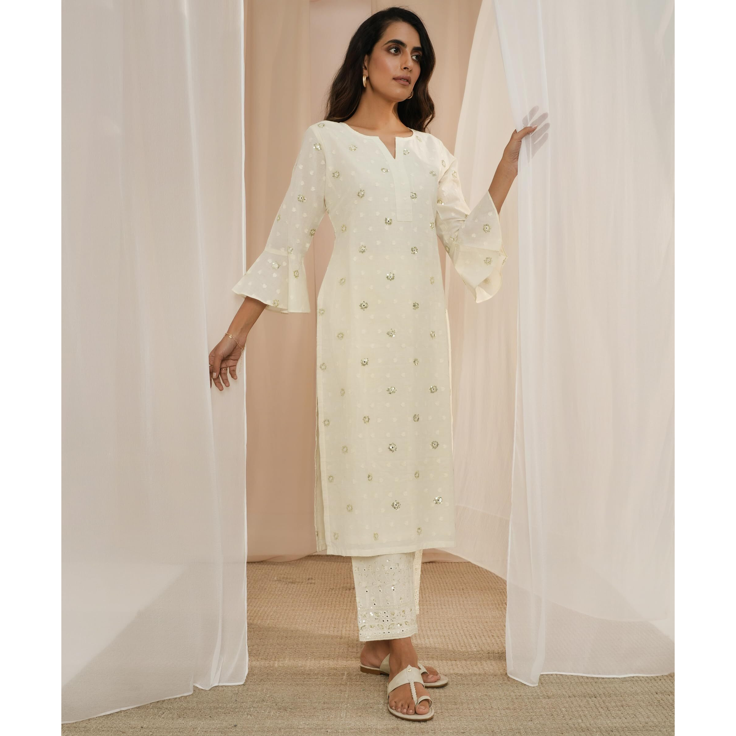 Libas Womens Embroidered Cotton Straight Kurta With Trousers And Dupatta