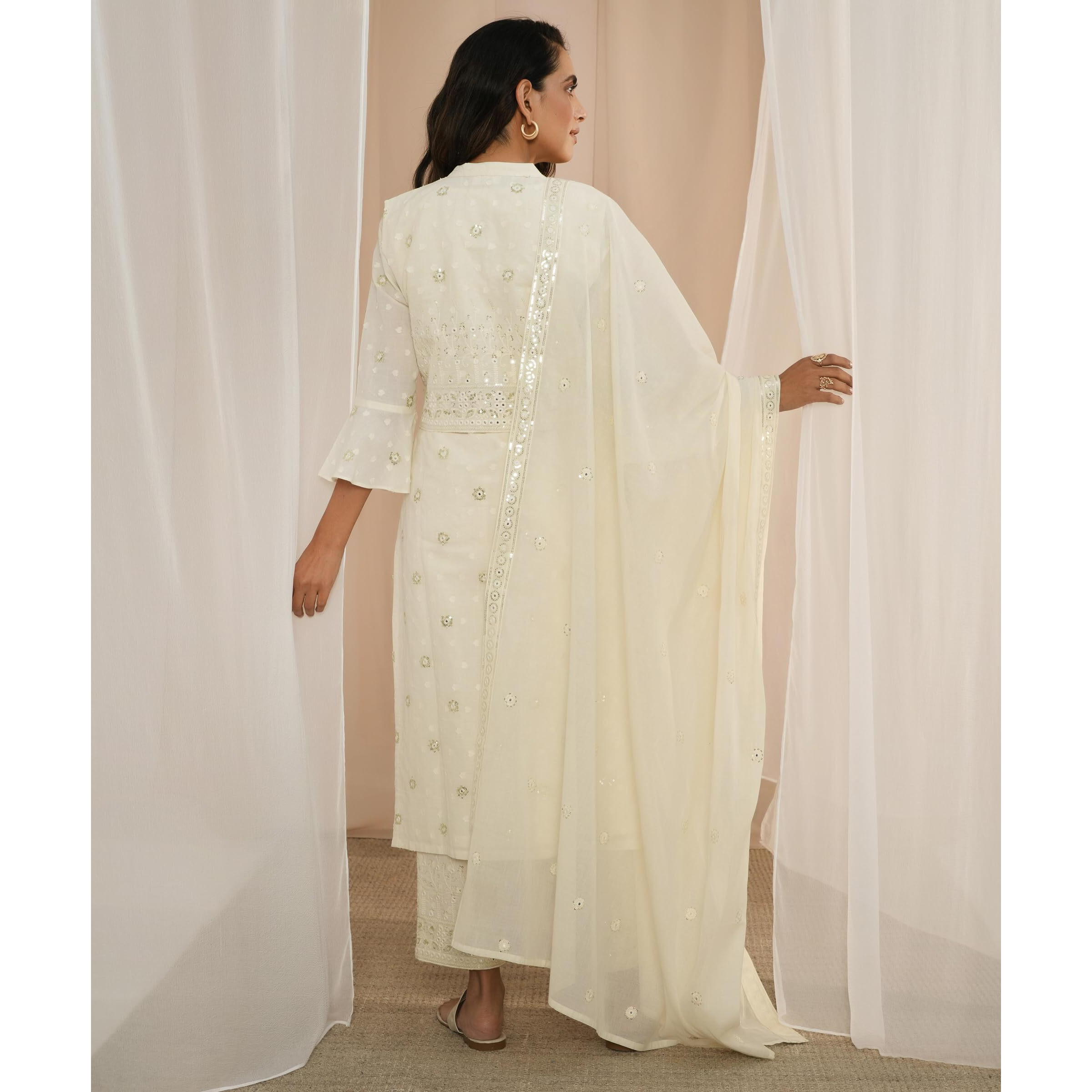 Libas Womens Embroidered Cotton Straight Kurta With Trousers And Dupatta