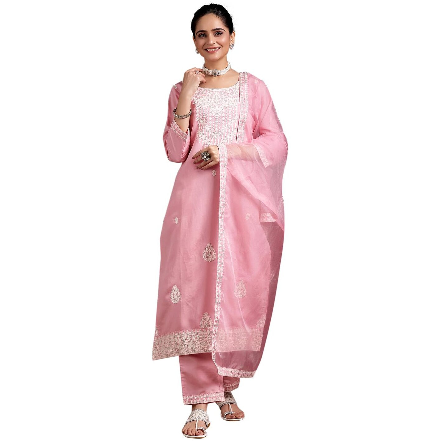 Libas Womens Embroidered Silk Blend Straight Kurta With Trousers And Dupatta