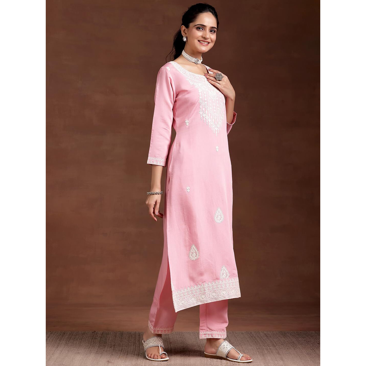 Libas Womens Embroidered Silk Blend Straight Kurta With Trousers And Dupatta