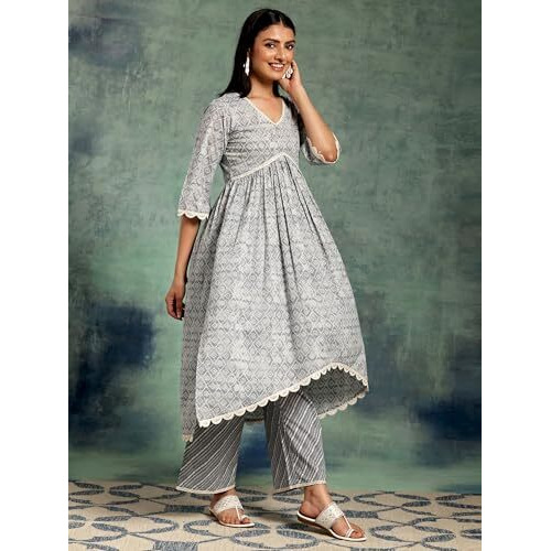 Libas Womens Printed Cotton A-Line Kurta With Palazzos And Dupatta