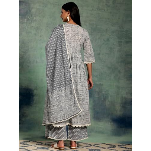 Libas Womens Printed Cotton A-Line Kurta With Palazzos And Dupatta