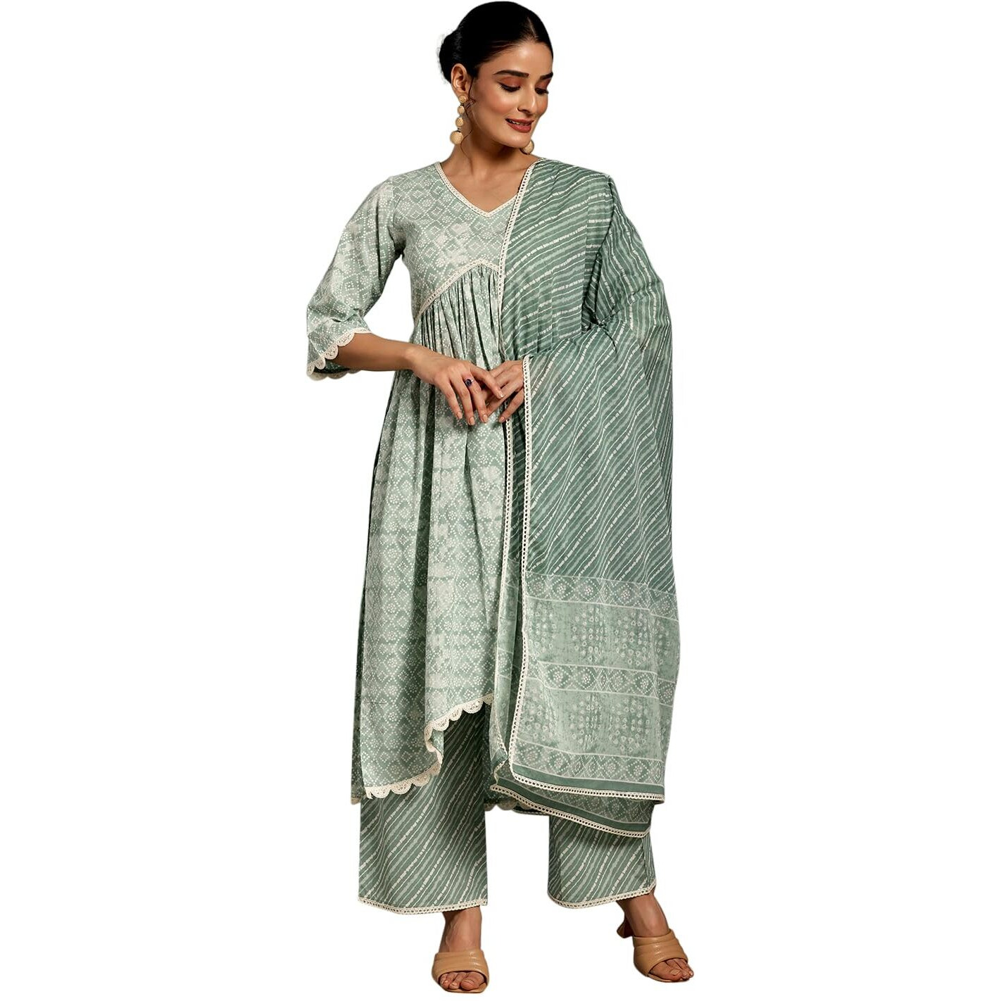 Libas Womens Printed Cotton A-Line Kurta With Palazzos And Dupatta