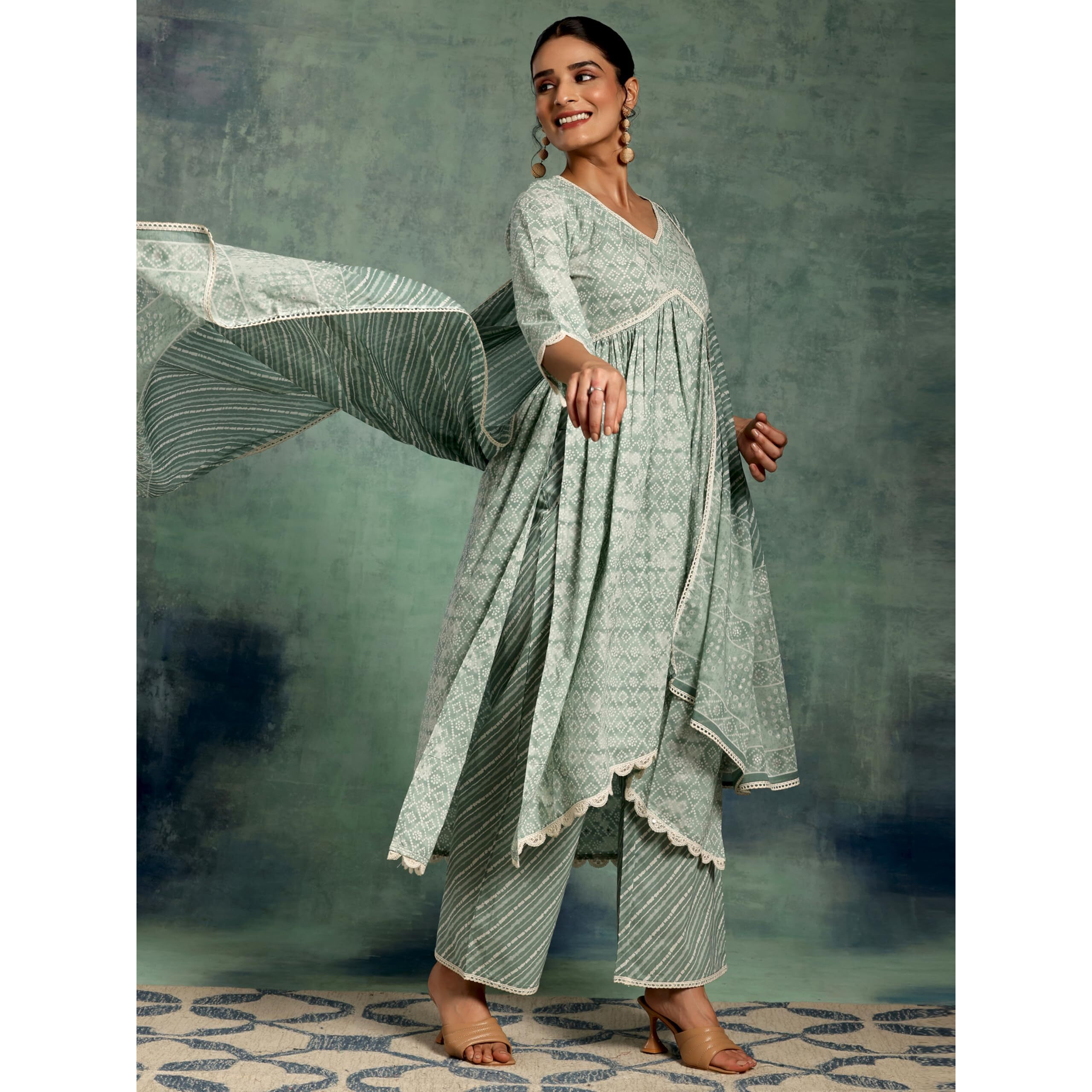 Libas Womens Printed Cotton A-Line Kurta With Palazzos And Dupatta