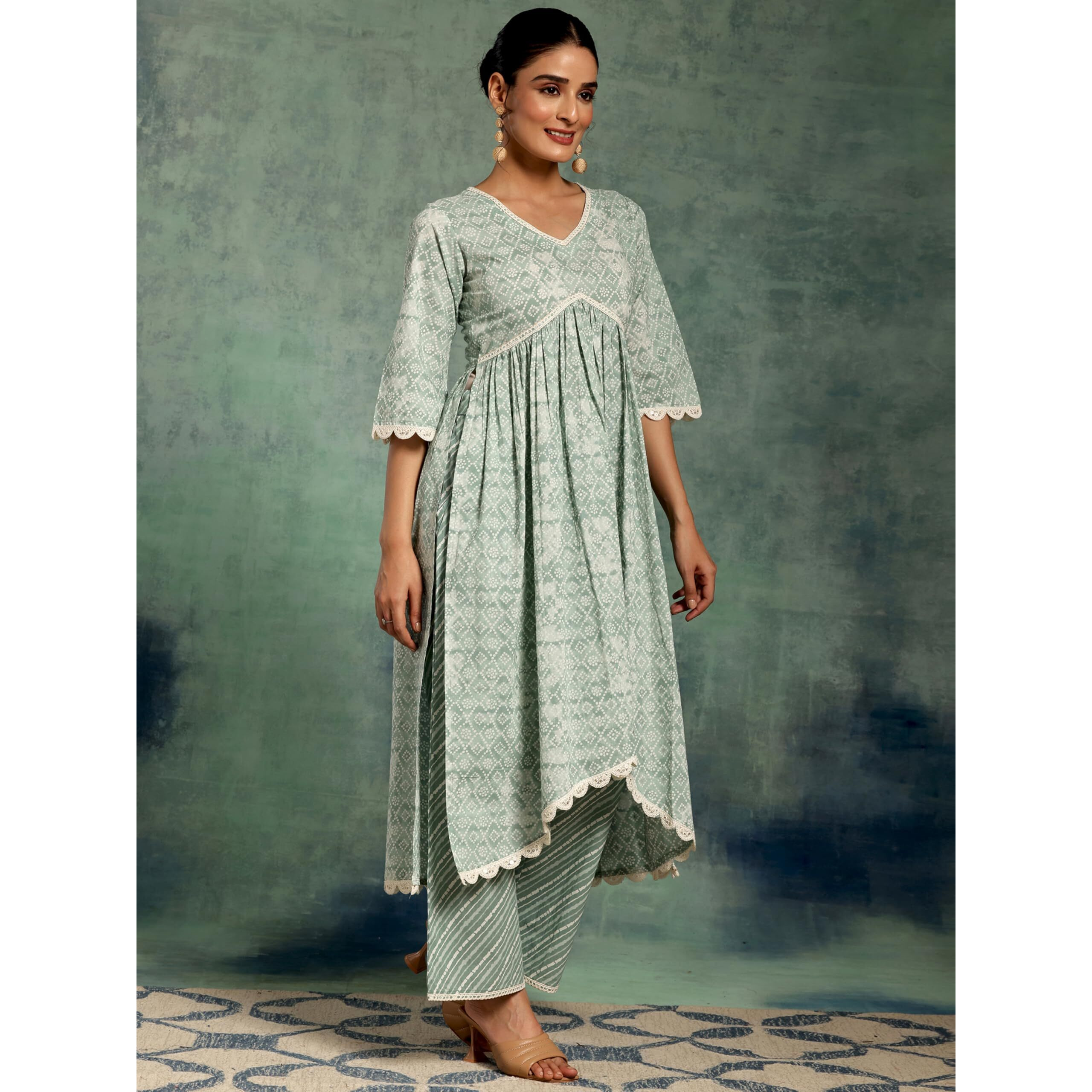 Libas Womens Printed Cotton A-Line Kurta With Palazzos And Dupatta