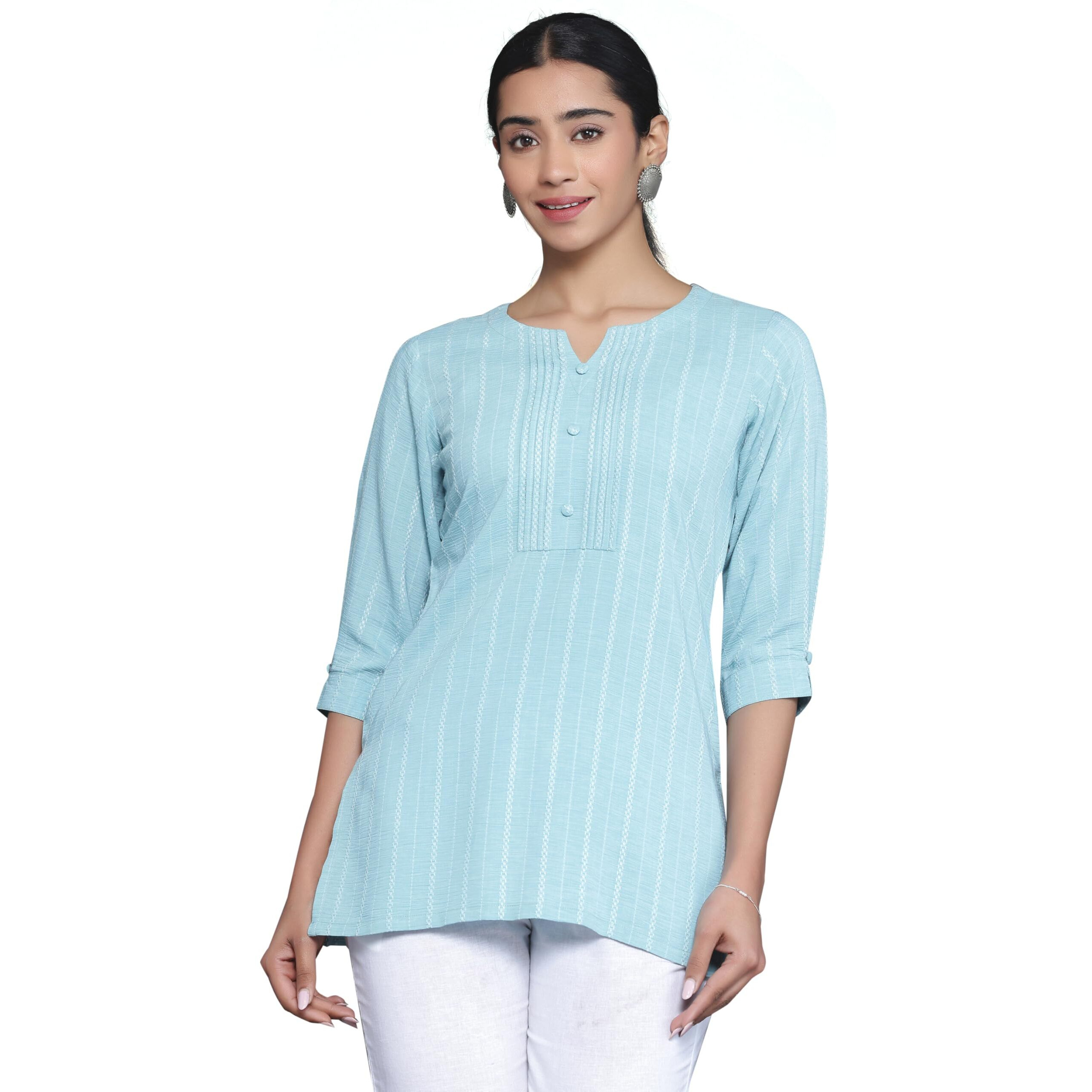 Libas Women's Cotton Blend Striped Regular Kurti (26895 Blue