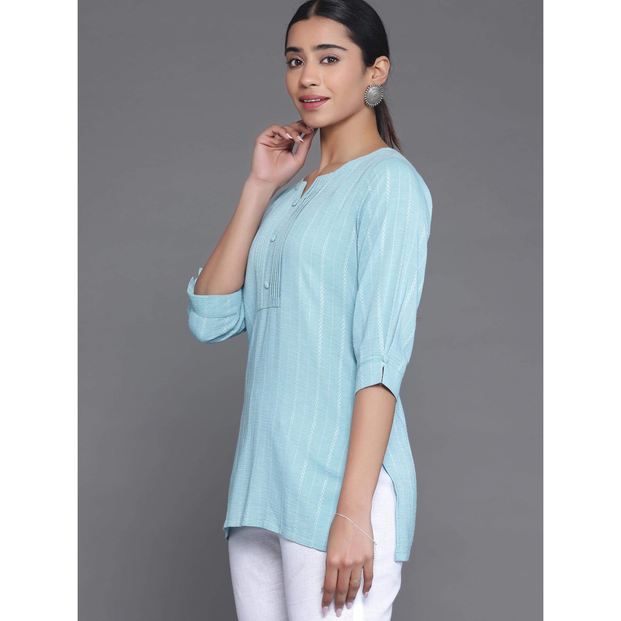 Libas Women's Cotton Blend Striped Regular Kurti (26895 Blue