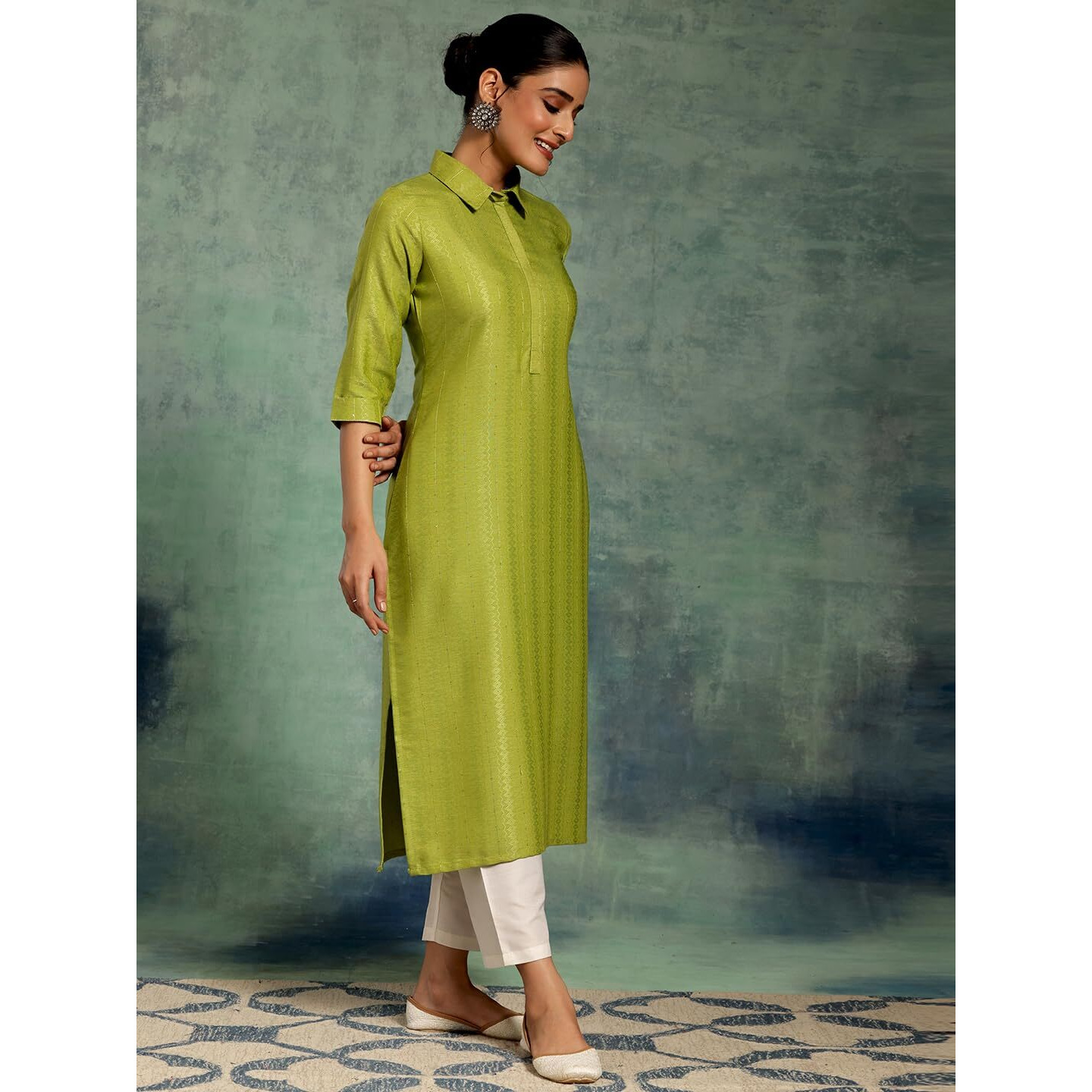 Libas Women's Cotton Woven Design Straight Kurta (26877_Green