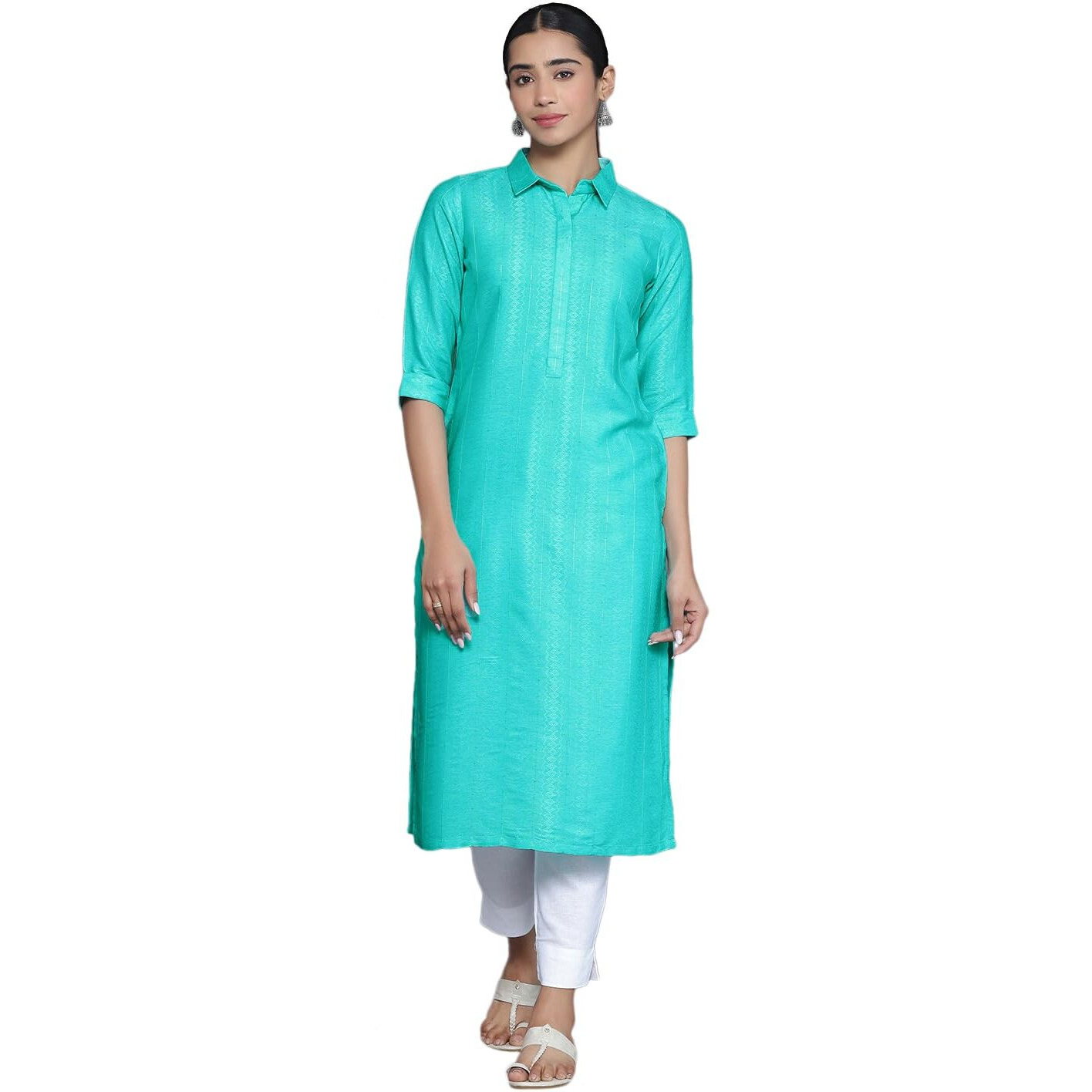 Libas Women's Cotton Woven Design Straight Kurta (26878_Blue