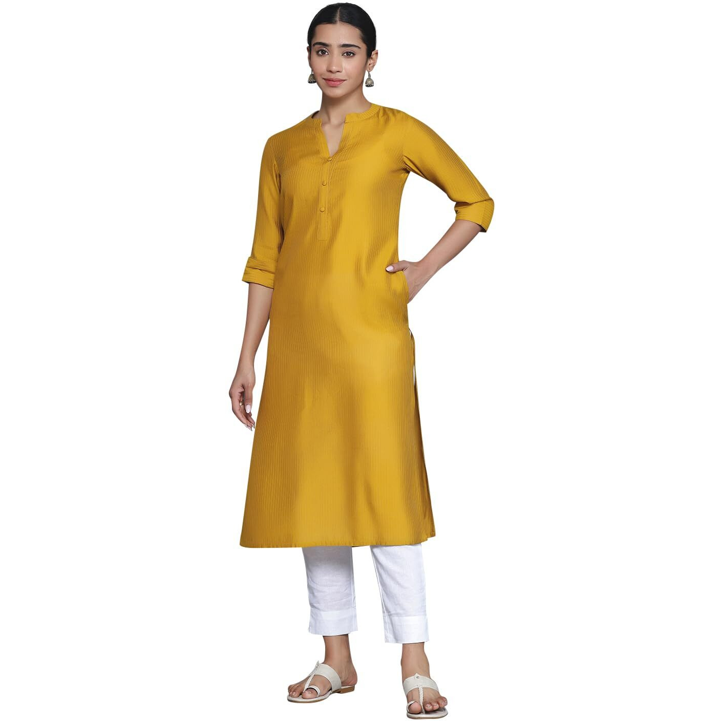 Libas Women's Silk Woven Design Straight Kurta (26880_Mustard