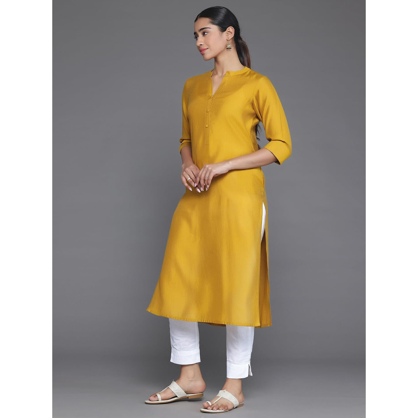 Libas Women's Silk Woven Design Straight Kurta (26880_Mustard