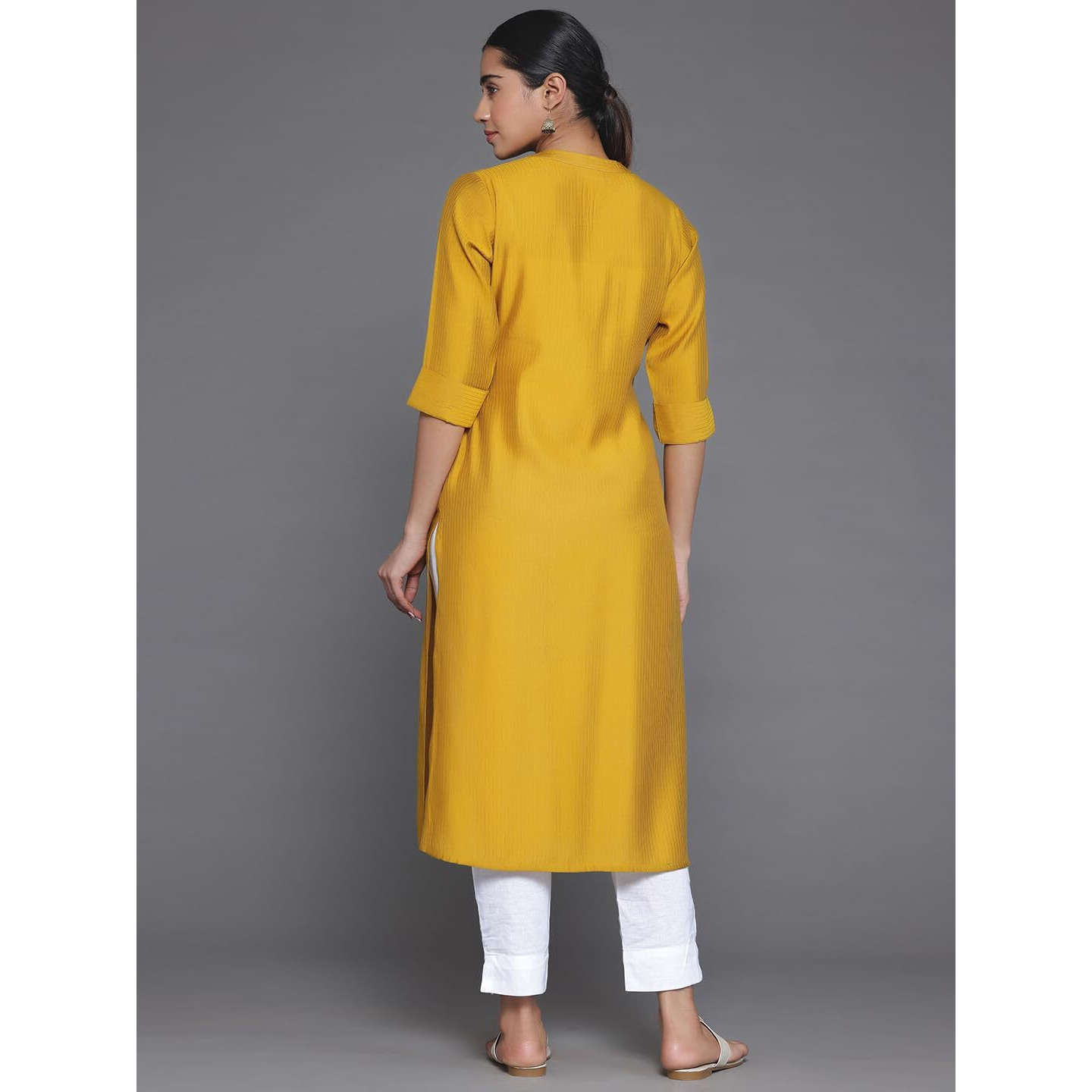 Libas Women's Silk Woven Design Straight Kurta (26880_Mustard