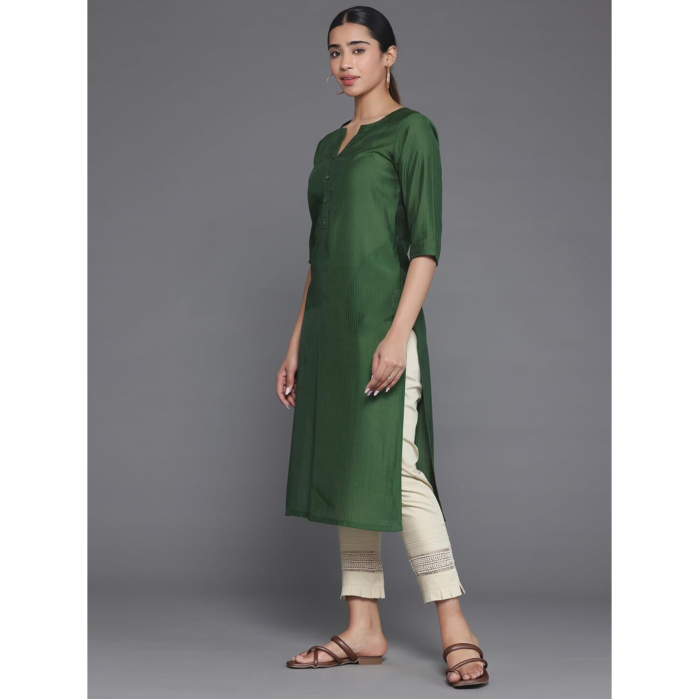Libas Women's Silk Woven Design Straight Kurta (26881_Green