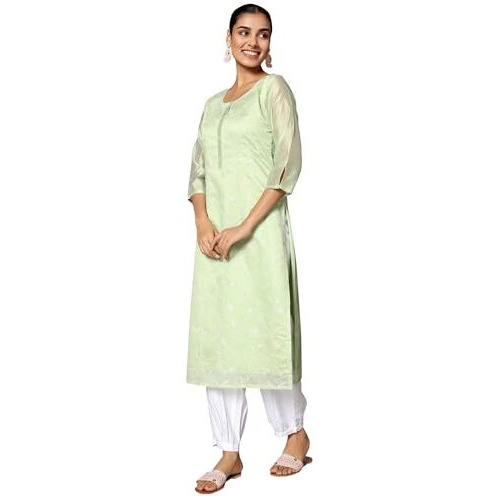 Libas Women's Chanderi Silk Woven Design Straight Kurta (37038_Green