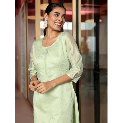 Libas Women's Chanderi Silk Woven Design Straight Kurta (37038_Green