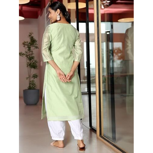 Libas Women's Chanderi Silk Woven Design Straight Kurta (37038_Green