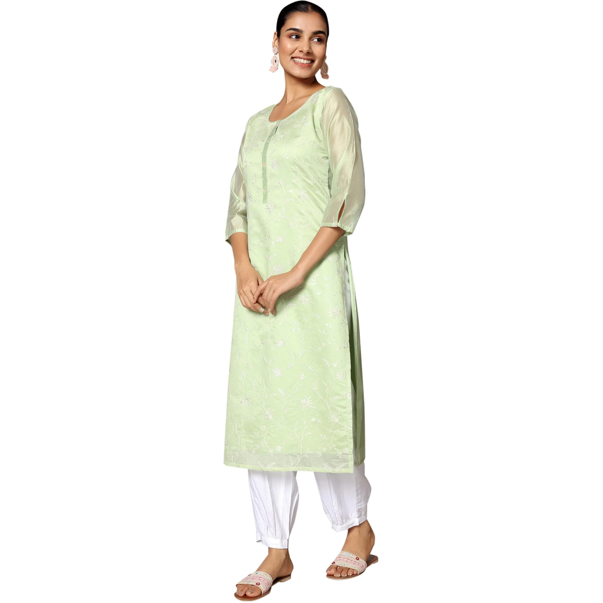 Libas Women's Chanderi Silk Woven Design Straight Kurta (37038_Green