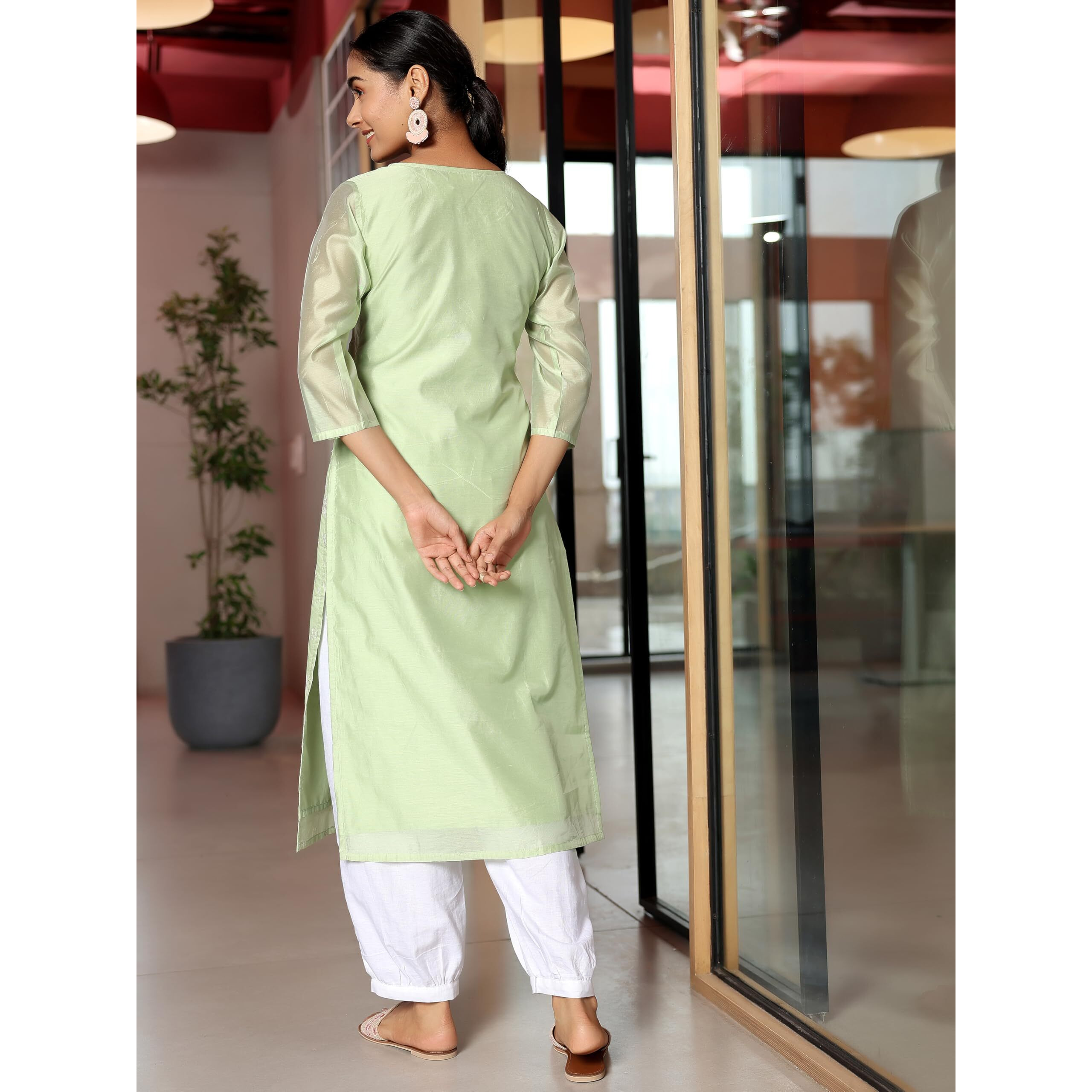 Libas Women's Chanderi Silk Woven Design Straight Kurta (37038_Green
