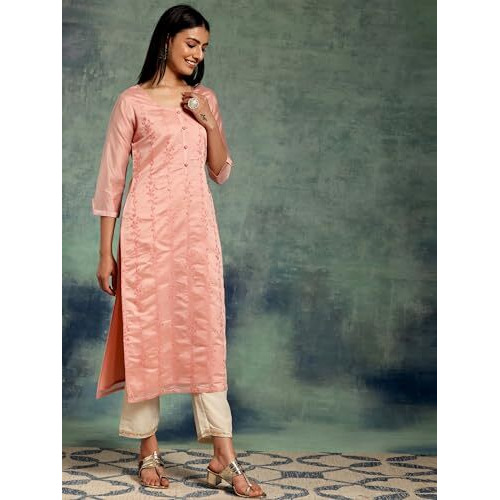 Libas Women's Chanderi Woven Design Straight Kurta (37035_Peach