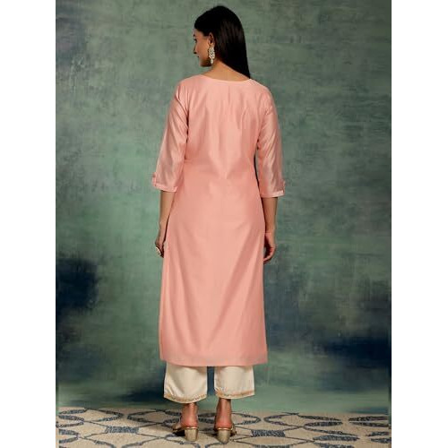 Libas Women's Chanderi Woven Design Straight Kurta (37035_Peach