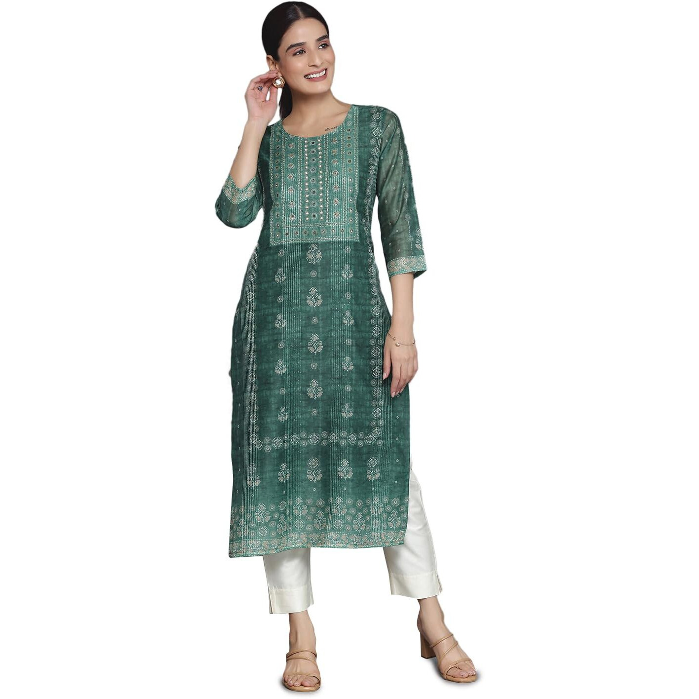Libas Women's Chanderi Silk Embellished Straight Kurta (37046_Green