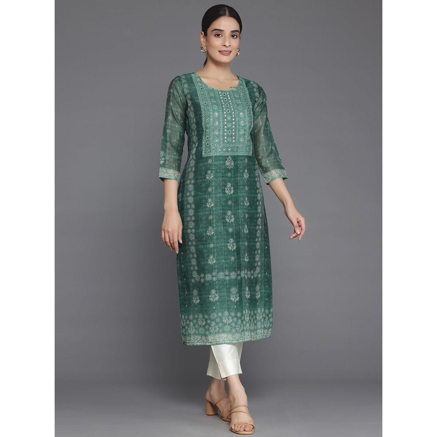 Libas Women's Chanderi Silk Embellished Straight Kurta (37046_Green