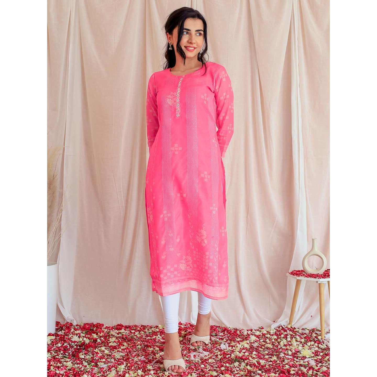 Libas Women's Chanderi Printed Straight Kurta (37060_Pink