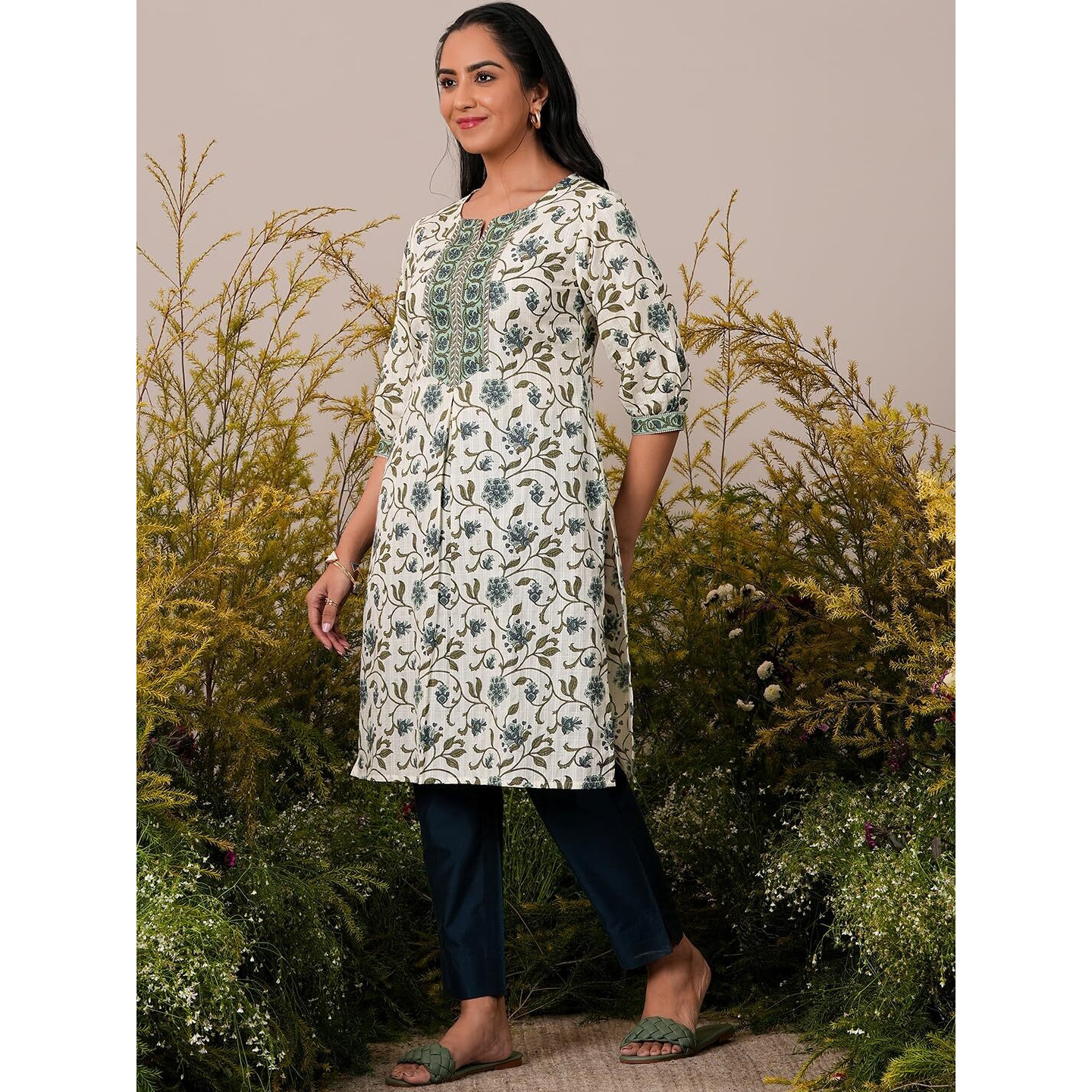 Libas Women's Cotton Printed Straight Kurta (26945_Beige