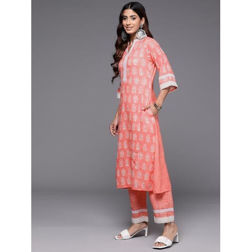 Libas Women's Cotton Blend Printed Kurta Set (35393_Peach