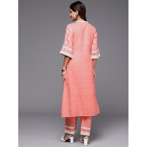 Libas Women's Cotton Blend Printed Kurta Set (35393_Peach