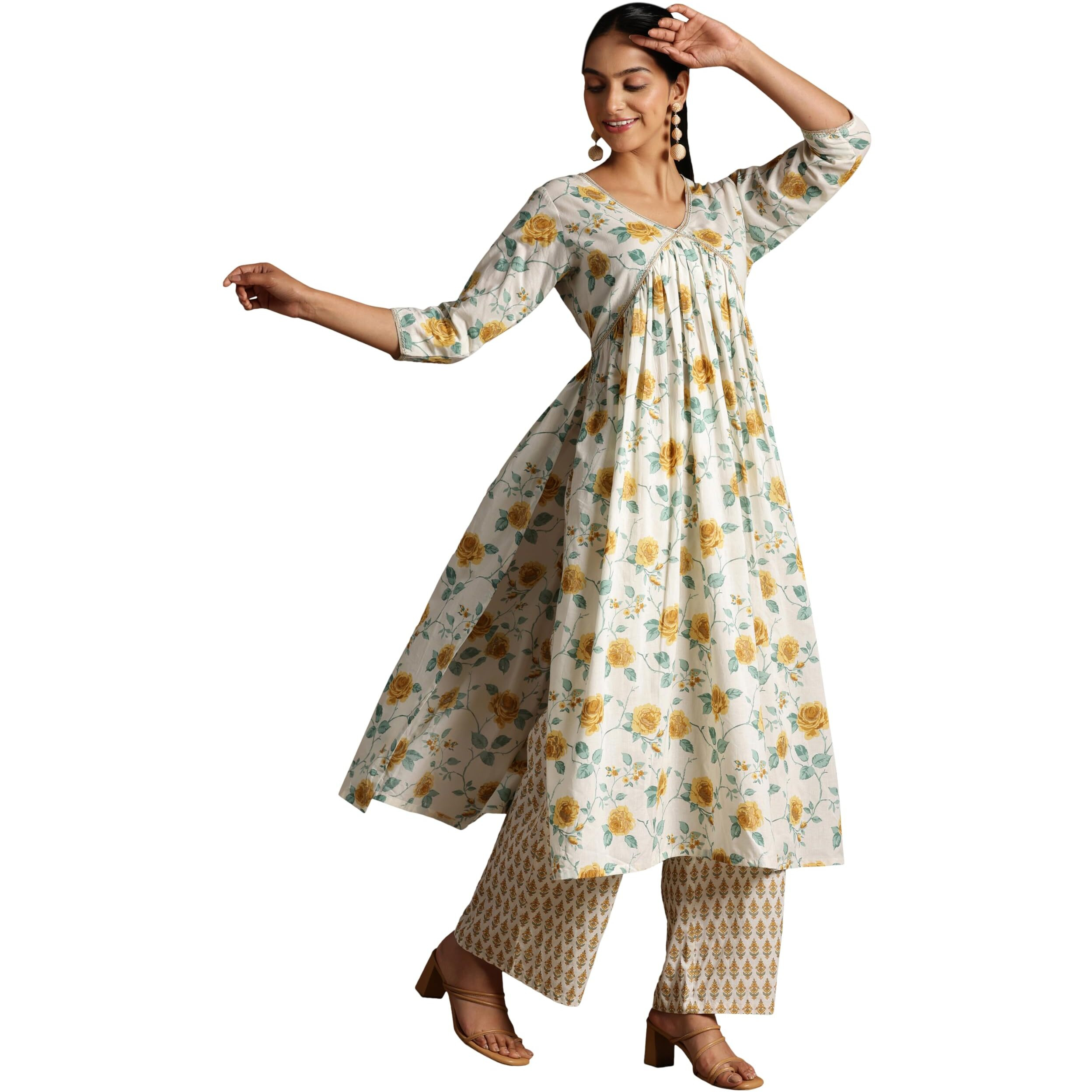 Libas Womens Printed Cotton A-Line Kurta With Palazzos